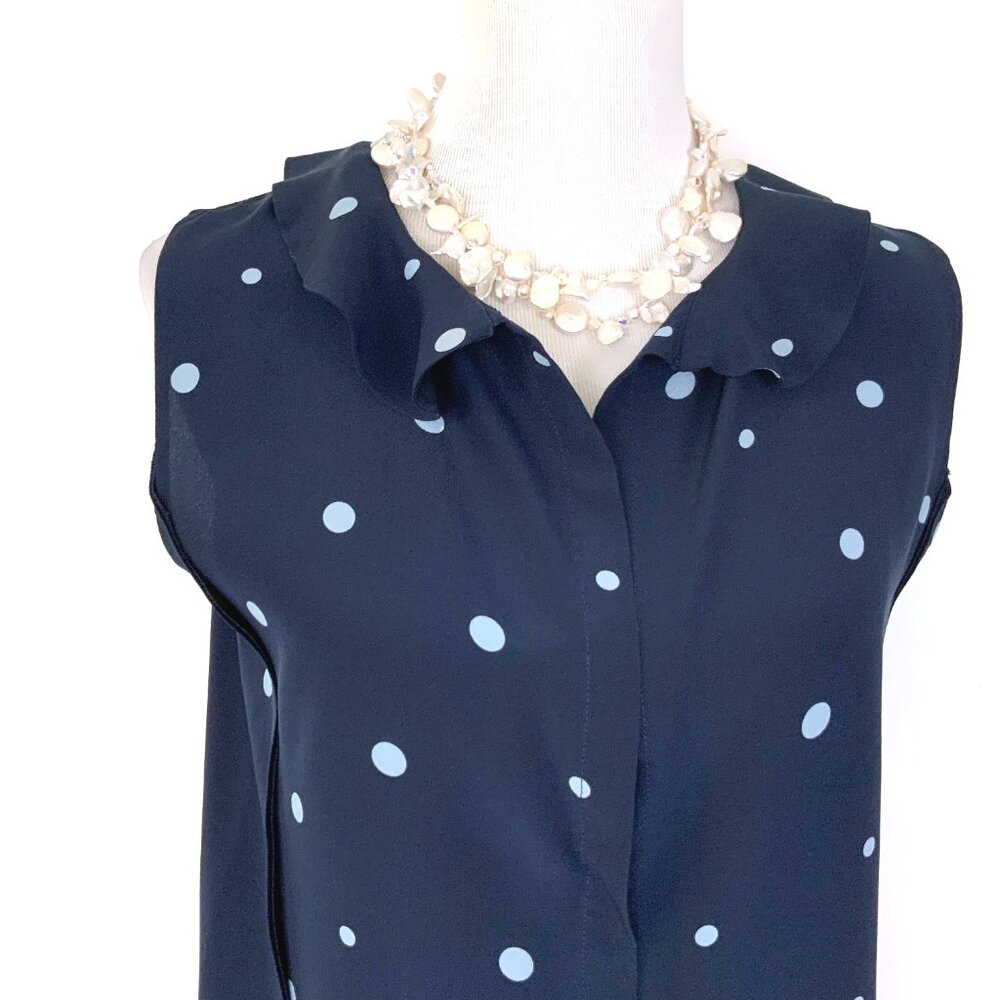 MARNI Navy Blue Polka Dot Sleeveless Blouse Ruffle Neck Sz 44 (M) - Picture 6 of 16
